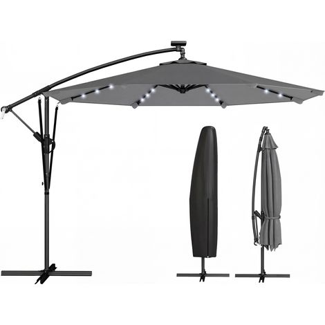 Ombrellone a braccio laterale, ombrellone da giardino a energia solare con 32 luci LED, manovella, protezione UV 50+ e copertura protettiva, Ø 295 cm, grigio.