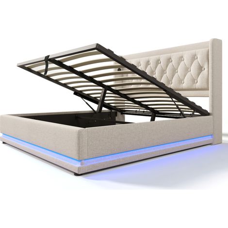 Polsterbett mit Stauraum 180x200 cm aus Baumwolle beige, USB-C und LED an 3 Seiten MODENUIT (1/5)