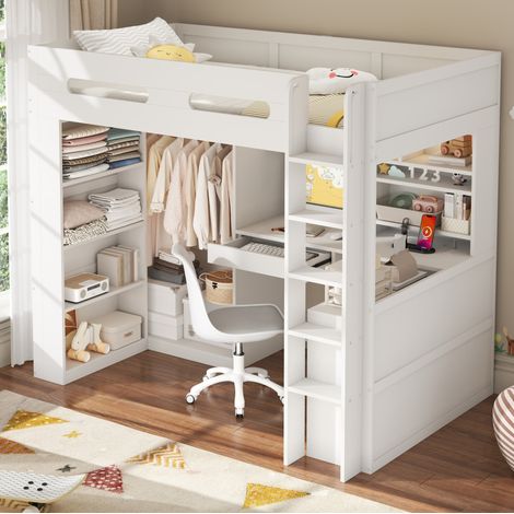 Lit mezzanine enfant 90x200 cm avec bureau, dressing, tiroir, étagères, LED, prises USB et rangements, boie+MDF, blanc (1/5)