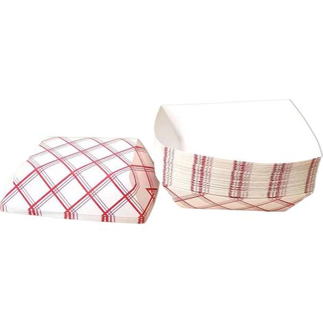 Confezione da 100 vassoi di carta a quadretti rossi e bianchi, 10,8 x 5 cm, ecologici, monouso, per condimenti/alimenti.