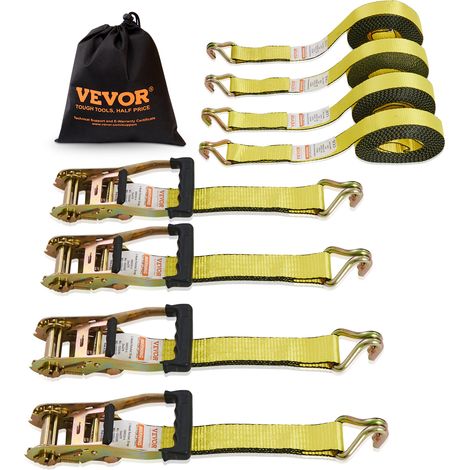 VEVOR Sangle a Cliquet Lot de 4 Sangles deArrimage Resistance a la Rupture Max. 4536 kg 0,05x8 m Crochet Double J pour Securiser Cargaison, Appareils Electromenagers, Equipement, Motos, Demenagement