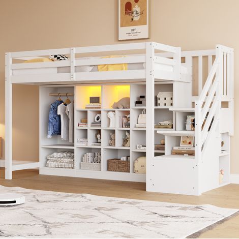 Cama altillo 90x200 cm - Con almacenajes, armario, LED y escalera lateral - En madera - Blanco (1/5)