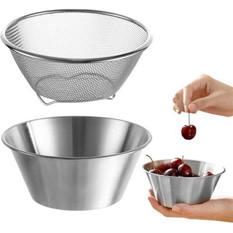 Passoire en acier inoxydable avec bol mélangeur - 14 cm - Argent - Égouttoir à mailles fines - Pour riz, fruits et légumes (1/5)