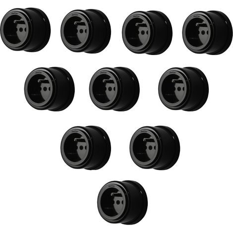 Lot de 10 prises avec terre Garby Colonial – Porcelaine noire – Design rétro élégant – Installation encastrée – Sécurité, durabilité et charme authentique - FONTINI