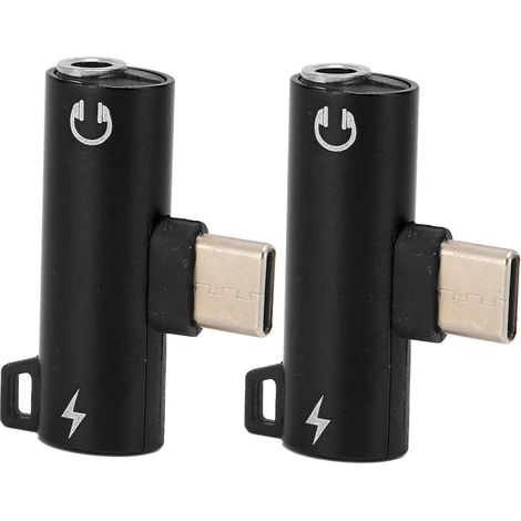 Lot de 2 adaptateurs audio USB-C vers 3,5 mm 2 en 1 (Type C vers 3,5 mm) pour écouter de la musique pendant la charge. Boîtier en ABS résistant, noir. (1/5)
