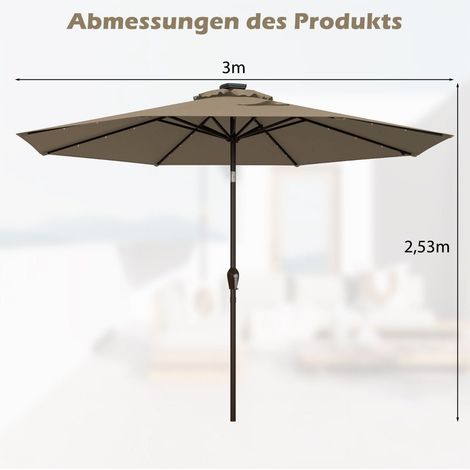 Led beleuchtung ampelschirm rund sonnenschirm solarbetrieben gartenschirm kurbel braun 3m