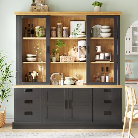 Buffet de Cuisine,Armoire haute Cuisine avec 6 Grands tiroirs + 6 compartiments,Capacité 60kg,Anti-basculement140×58.4×185cm,Noir (1/5)