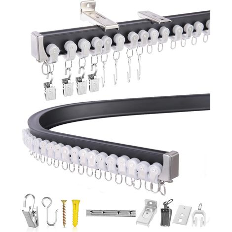 5m Flexible Rail de Rideau Plafond, En Aluminium Résistant Avec Kit De Fixation Complet Pour Baies Vitrées, Rideaux Et Pièces, Compatible Avec Une Fixation Murale Ou Au Plafond, Noir (1/5)