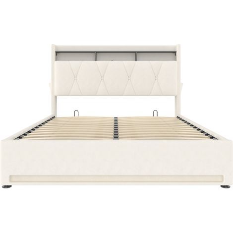 Letto contenitore imbottito 140 x 200 cm beige con LED, USB-C e vano contenitore (1/5)