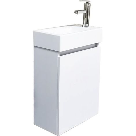 Meuble salle de bain suspendu 60 cm blanc brillant avec vasque lavabo et miroir rond LED 60 cm, ensemble mural moderne avec rangement élégant pour salle d’eau (1/5)