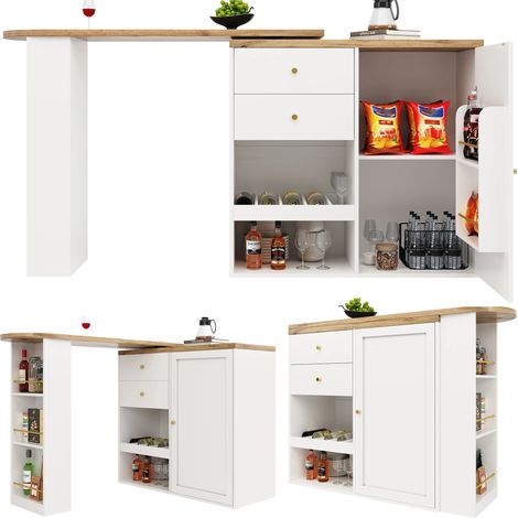 îlot de Cuisine,Table de bar,Rotatif à 360°,Avec 2 tiroirs et 3 étagères pivotantes ouvertes,105 x 39 x 102 cm,MDF qualité,Blanc