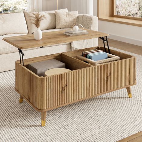 Tavolino da salotto elevabile 97x52x56,5 cm in MDF e legno naturale, con contenitore, FloraGrace (1/5)