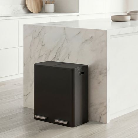 Poubelle à Pédale 2 x 15 L, Tri Sélectif, Seaux Amovibles, Acier, pour Cuisine, Noir (1/5)