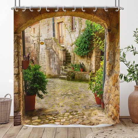 Rideau de Douche 3D 180x200, Jardin Plantes Paysage Avenue Image Rideaux de Douche Italie extérieur Rideau Baignoire imperméable Tissu Polyester Lavable Rideau de Bain avec Crochets (1/5)