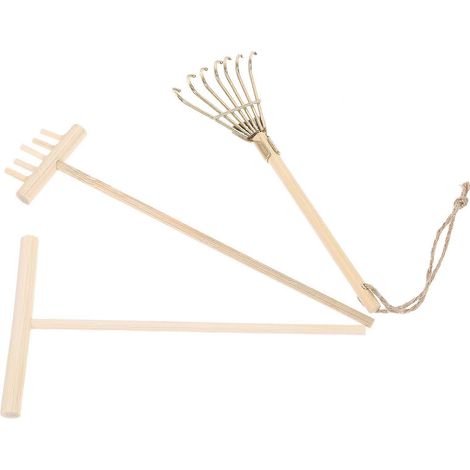 Lot de 3 petits râteaux en bois miniatures pour le sable, outils de décoration et de loisirs créatifs. (1/5)
