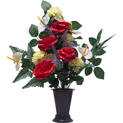 Pot Cône de Dahlias fleurs artificielles pour le cimetière H 60 cm D 40 cm Rouge-blanc - couleur: Rouge-blanc