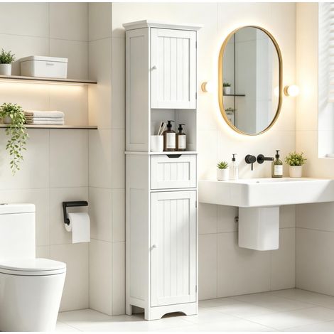 Badezimmerschrank Säule mit LED, schmaler Schrank mit Schublade, 2 Türen, weiß HAVRYA (1/4)