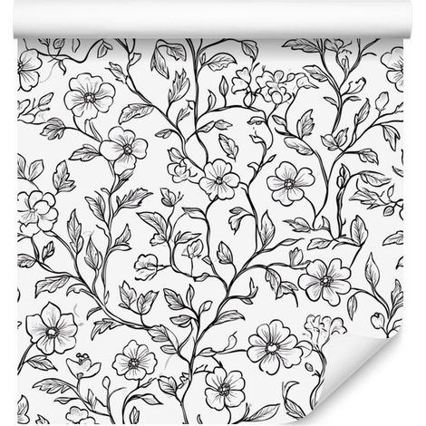 Papier peint à fleurs noires et blanches, gris clair et blanc, 50 x 1000 cm (1/5)