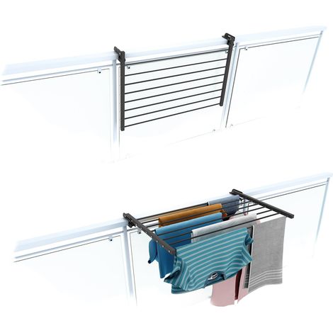 Étendoir de balcon rabattable, séchoir à linge pour rambarde extérieur résistant Foxydry Duo, pour terrasses, balcons et rampes - Anthracite 82 cm (1/4)