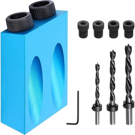15° Guide Percage Oblique, Tout Aluminium, avec Mèche 6/8/10 mm + Douille + Bague de Restriction, Accessoire pour le Travail du Bois, pour les Projets de Bricolage (Bleu)