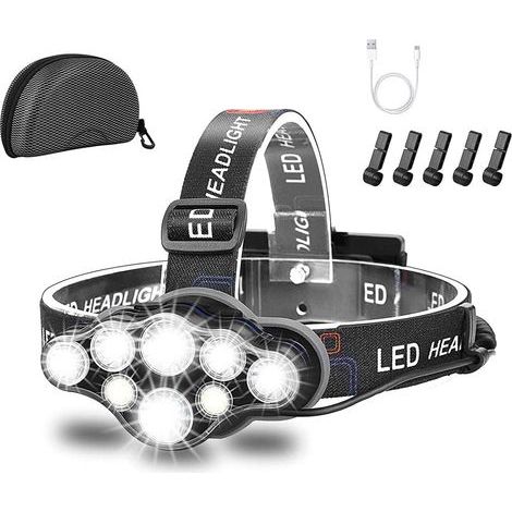 Linterna frontal, lámpara LED superbrillante de 8 LED con 18000 lúmenes, recargable por USB, resistente al agua, ajustable para acampar, pescar, espeleología, correr y hacer senderismo. (1/5)