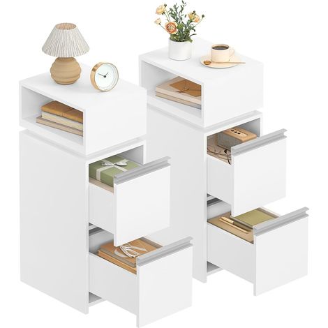Table de Chevet Étroite, Lot de 2, Tables de Nuit avec 2 Tiroirs et 1 Compartiment Ouvert, Table d'appoint, pour Chambre à Coucher, Salon, Moderne,Blanc (1/5)