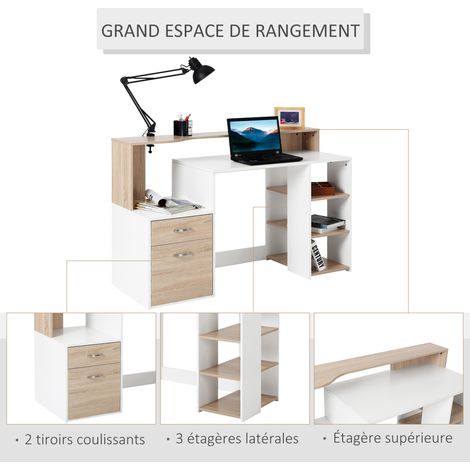 Homcom – Bureau droit MDF 137x55x92cm avec 2 tiroirs et 3 étagères – Surface lisse pour nettoyage facile – Style moderne — vue 4