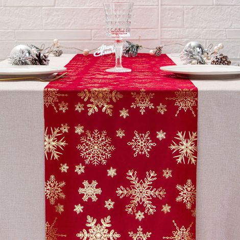 Runner De Table Noel - Motif Flocons De Neige - En Polyester Velours - 28 X 275 Cm - Rouge - 1 Unite