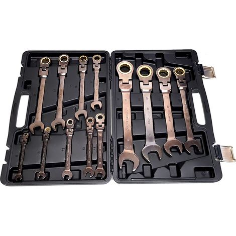 Coffret 13 clés de 8 à 32 mm à cliquet articulé Kraft Müller, Chrome-Vanadium, tête flexible 180°, Mécanicien, Garagiste, (1/4)