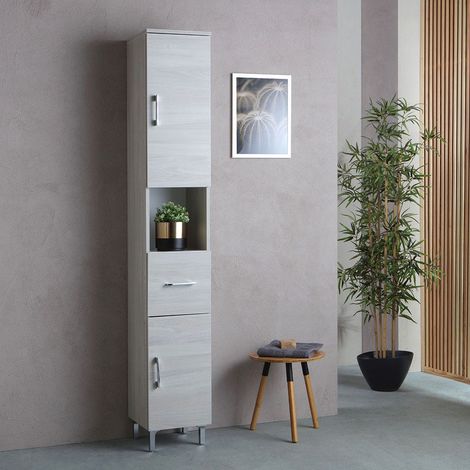 Hochschrank Mit Türen, Schublade Und Offenem Fach, Glas-Regalböden Und Bügelgriffe Rimini