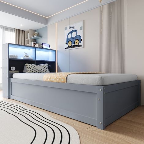Lit banquette 90x200 cm bois massif gris avec rangements, multiprise, bande LED et système hydraulique (1/5)