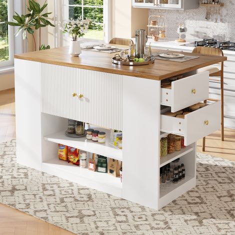 Îlot de cuisine 140/70/90 cm blanc avec plateau rabattable, tiroirs et étagères (1/5)