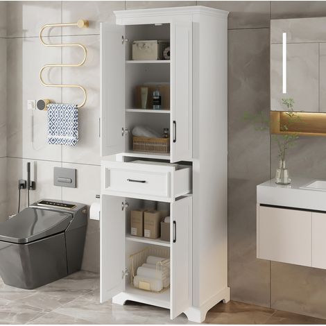 Badezimmer-Hochschrank 60 x 40 x 180 cm aus weißem MDF mit 2 Türen, 1 Schublade HAVRYA (1/5)