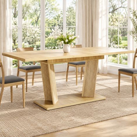Mesa de comedor extensible 120-160 x 80 x 76 cm en MDF y metal, natural DESVIAE (1/5)