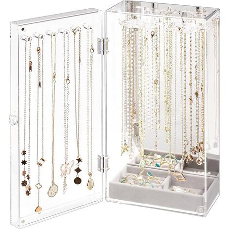 Porte Collier en Acrylique, Crochets, Boîte Bijoux Transparente pour Collier, avec Un Plateau en Velours -Transparent Réfléchissant