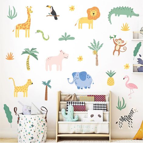 Lot de 4 feuilles de stickers muraux pour chambre d'enfant - Motif animaux de safari, lion, girafe, zèbre, crocodile, flamant rose - Décoration murale pour salon, chambre à coucher, maternelle (1/5)