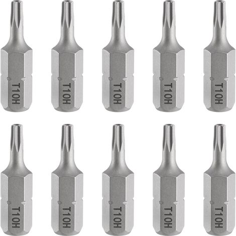 10pcs T10H Embout de Tournevis Torx 1/4" Tige Hexagonale 25mm/1" Longueur Magnétique Tête Étoile à 6 Pans Acier S2 Embout de Tournevis avec Trou (1/5)