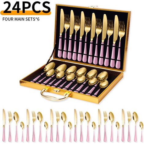 Service de table 24 pièces en acier inoxydable - Service de table - Service de couverts - Service de table pour 6 personnes - Avec boîte de rangement - Acier inoxydable - Rose/Or rose/Or (1/5)