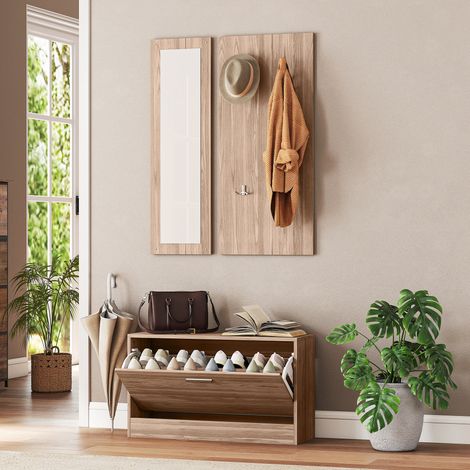 Conjunto de muebles de recibidor de 3 piezas con banco para zapatos, perchero de pared y espejo, armario de madera para dormitorio y recibidor, 80x27x46,5 cm, marrón oscuro. (1/5)