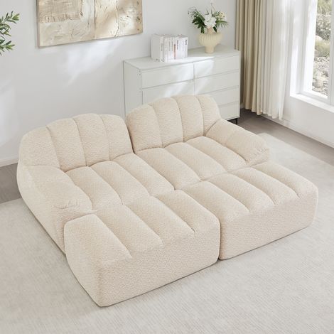 Canapé modulaire 2 places, Canapé d'angle en L sans cadre, forme de coque, 2 pouf, coussins d'assise profonds, aucun assemblage requis, Beige et Blanc (1/5)