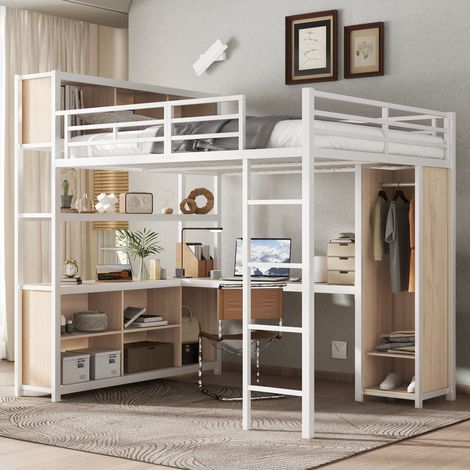 Letto a soppalco moderno 140x200 cm in metallo e legno bianco/naturale con armadio, scrivania e vani contenitore (1/5)