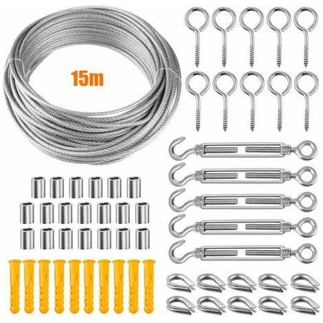 Câble en acier inoxydable 304 - Kit de câble en acier inoxydable de 15 m pour plantes grimpantes, cordes à linge, tension extérieure - Comprend un tendeur de câble de 2 mm (15 m) (1/5)