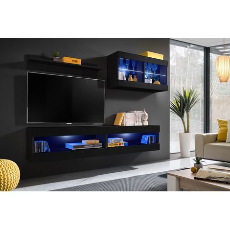 Komodee, Ensemble de Meubles Tivoli SET6, Noir/Noir, Largeur 200cm x Hauteur 195 cm x Profondeur 35 cm, LED Bleu, pour Salon, Chambre à coucher (1/5)