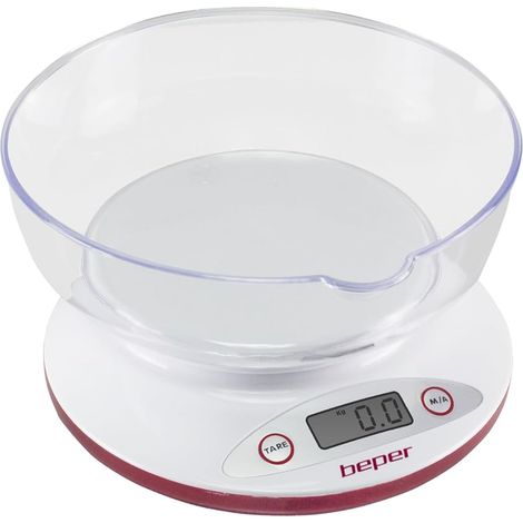 Balance de cuisine numérique, bol transparent amovible, aliments solides et liquides, capteur haute précision, jusqu'à 5 kg, affichage LCD, unités Gram et Libre, Blanc/Rouge (1/5)