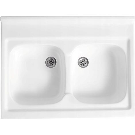 Fregadero blanco ZD-60 de 80x60 cm, doble cubeta, acrílico Polimat (1/3)