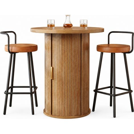 Set tavolo bar rotondo con 2 sgabelli, MDF effetto legno e metallo, contenitore integrato (1/5)