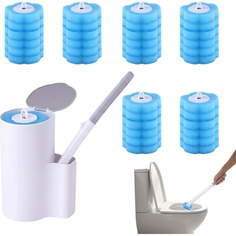 Brosse WC jetable avec 48 recharges de nettoyant, poignée allongée et support, support mural, brosse WC hygiénique pour le nettoyage des toilettes, le nettoyage de la salle de bain, lavabo (1/5)
