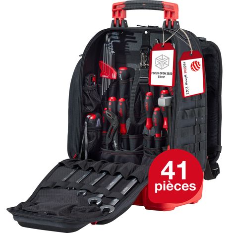 Wiha Sac à dos à outils pour mécaniciens 41 pièces I Avec équipement de base pour mécaniciens I Fond de rangement stable I Avec compartiment pour ordinateur portable I Trousses pour accessoires (45529 (1/5)