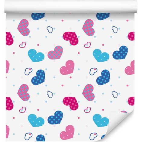 Papier peint à cœurs bleus, roses et blancs pour salon et chambre 50x1000 (1/5)