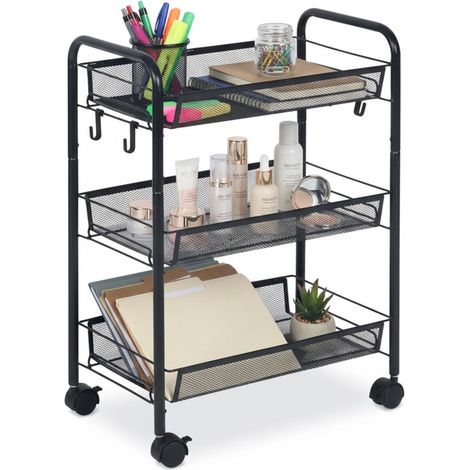 Relaxdays Carro 3 Estantes de Rejilla, Carrito de Servicio para Cocina, Baño y Oficina, 63x44,5x26 cm, Metal, Negro